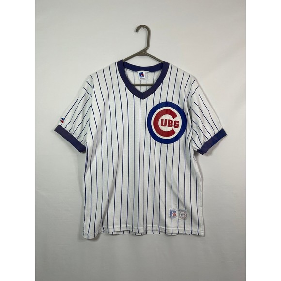 Vintage 90s MLB Chicago Cubs Russell Made In USA Pinstripe Ringer Tee - Picture 1 of 5